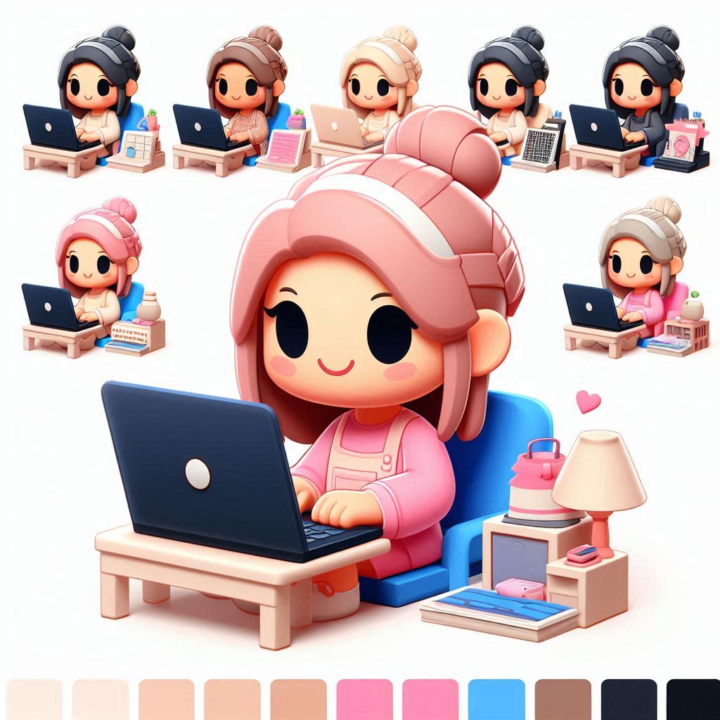 3D-cartoon-and-cute-image-of-an-entrepreneur-working-from-home-with-prominent-pink-color-and-tones-of-blue-pink-cream-black-brown-featuring-multiple-skin-colors