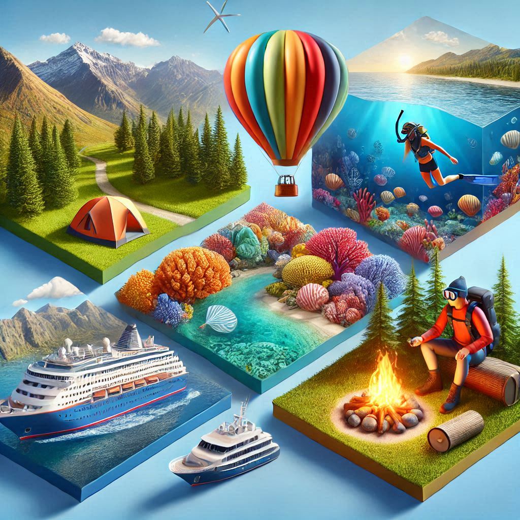 ai image of travel scenarios like hot air balloon, mountain climbing,camping