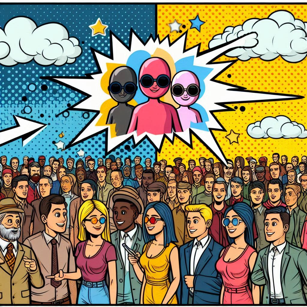 image(use pinks,blacks,yellows,greys,blues) to 3d cartoon in Blondie comic strip style using multiple races representation this title of blog post: Affiliate Marketing: Micro and Nano Influencers Leading the Way