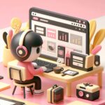 A cute 3D cartoon image of someone working on a website with tones of pink, black, yellow, cream, and brown