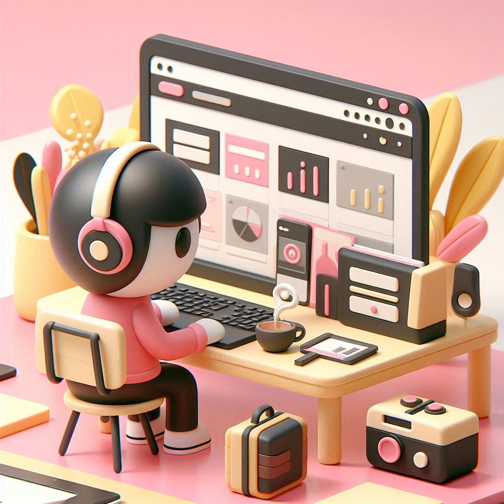 A cute 3D cartoon image of someone working on a website with tones of pink, black, yellow, cream, and brown