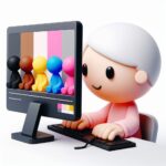 cartoon 3D image of someone at a computer creating user-generated content, using pinks, yellows, blacks, whites, grays, with equal representation of races and a cute tone