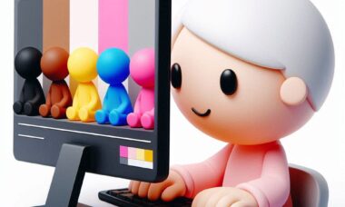 cartoon 3D image of someone at a computer creating user-generated content, using pinks, yellows, blacks, whites, grays, with equal representation of races and a cute tone