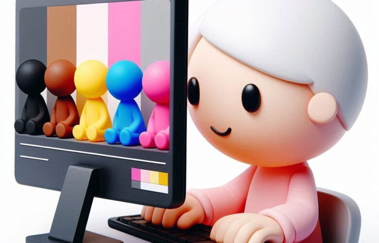 cartoon 3D image of someone at a computer creating user-generated content, using pinks, yellows, blacks, whites, grays, with equal representation of races and a cute tone