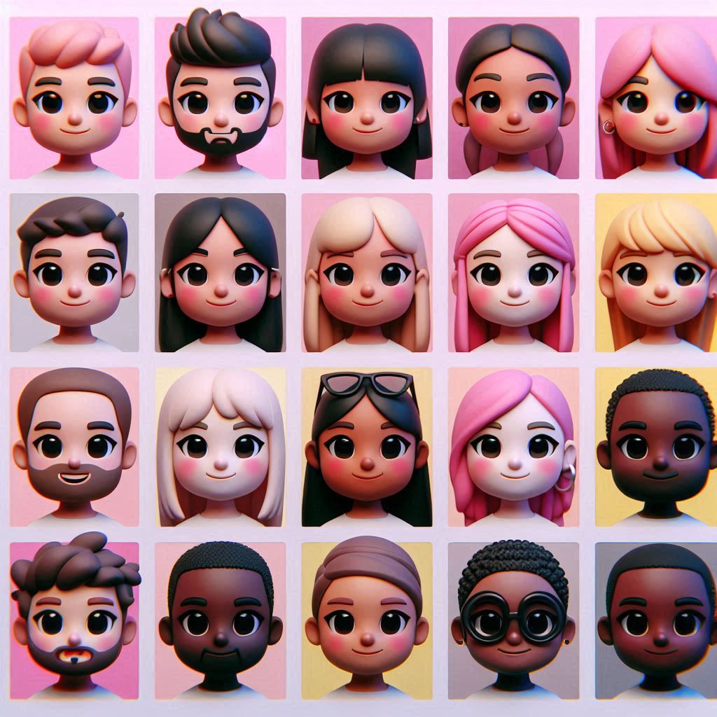 cartoon 3D image of user-generated content in pinks, yellows, blacks, whites, grays, with equal representation of races and a cute tone