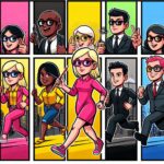 image(use pinks,blacks,yellows,greys,blues) to 3d cartoon in Blondie comic strip style using multiple races representation this title of blog post: Affiliate Marketing: Micro and Nano Influencers Leading the Way