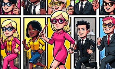 image(use pinks,blacks,yellows,greys,blues) to 3d cartoon in Blondie comic strip style using multiple races representation this title of blog post: Affiliate Marketing: Micro and Nano Influencers Leading the Way