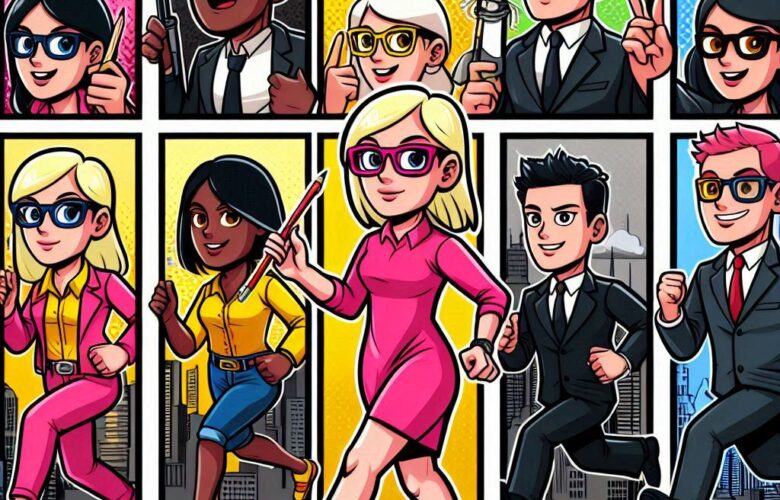 image(use pinks,blacks,yellows,greys,blues) to 3d cartoon in Blondie comic strip style using multiple races representation this title of blog post: Affiliate Marketing: Micro and Nano Influencers Leading the Way