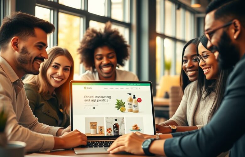 group of mixed race people around a computer creating and happy