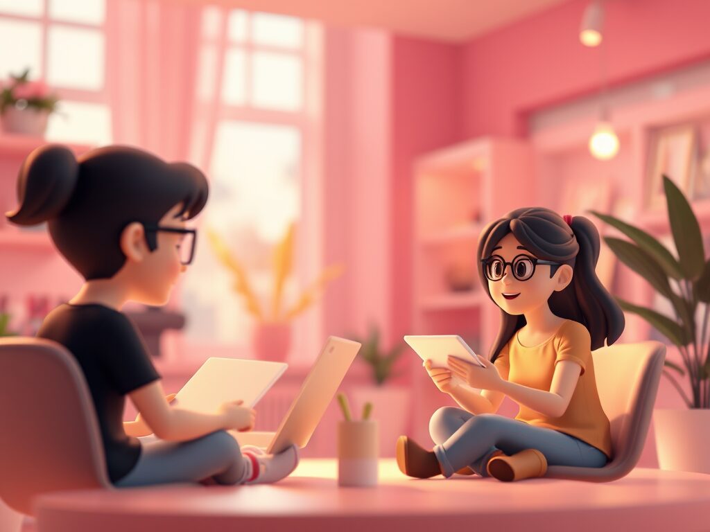 couple planning online course ai image cartoon 3d pink aesthetic 