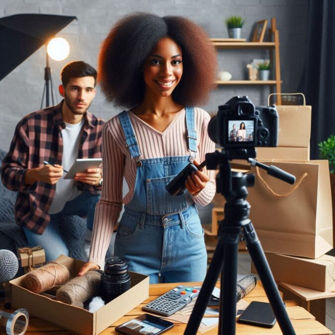 African American female marketer going live on social media for a live shopping affiliate marketing stream, with a stand-up camera and lighting, another person assisting, and props that are items these influencers