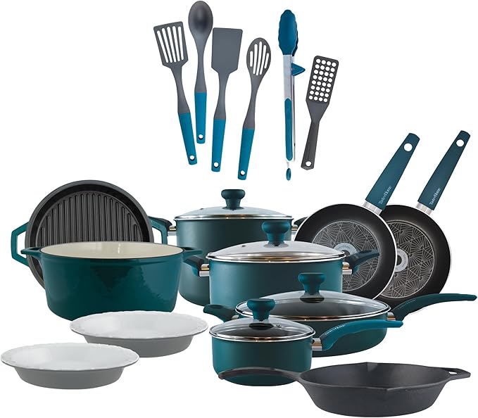 Teal set of pans and utensils