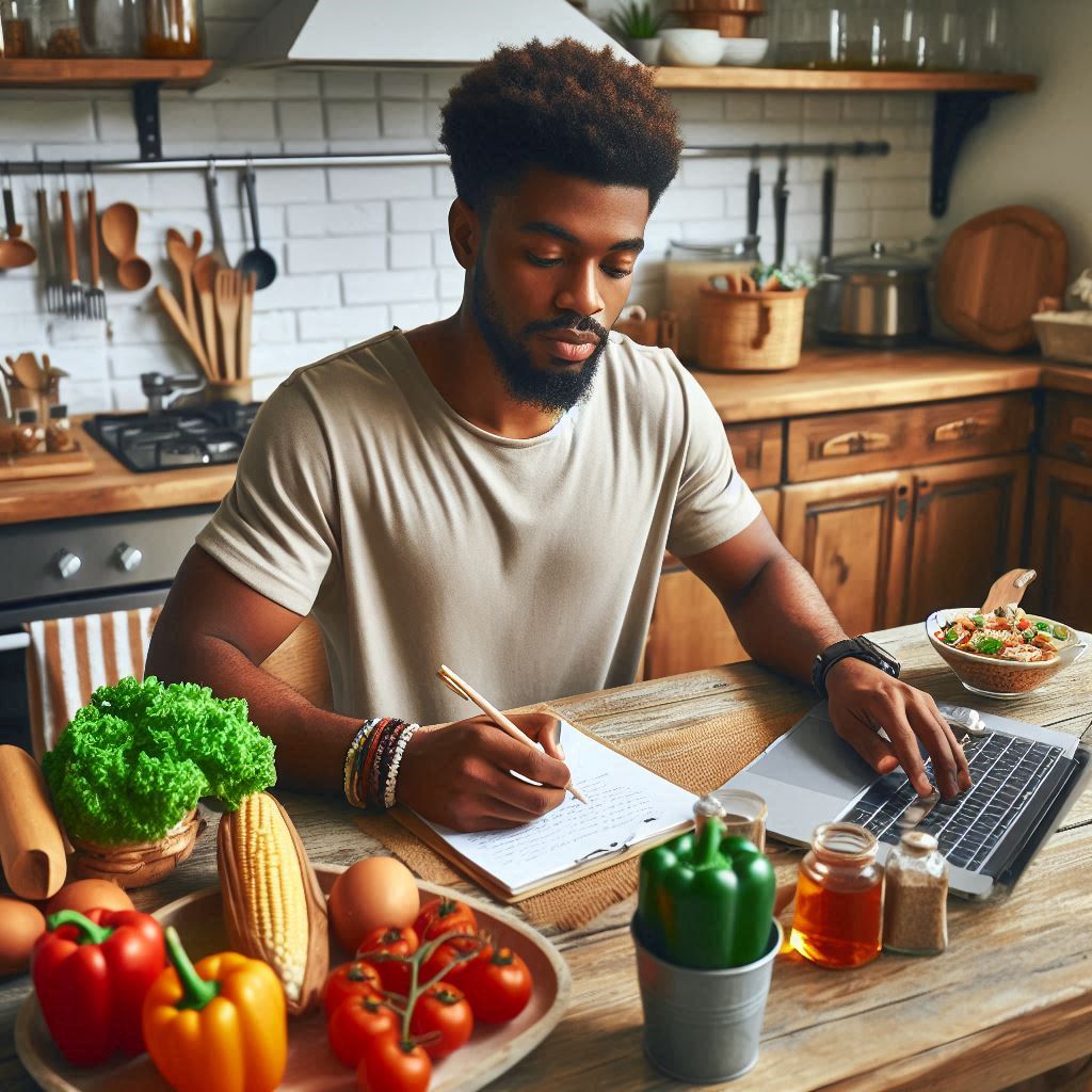 African American man writing ideas for food blog in quaint kitchen