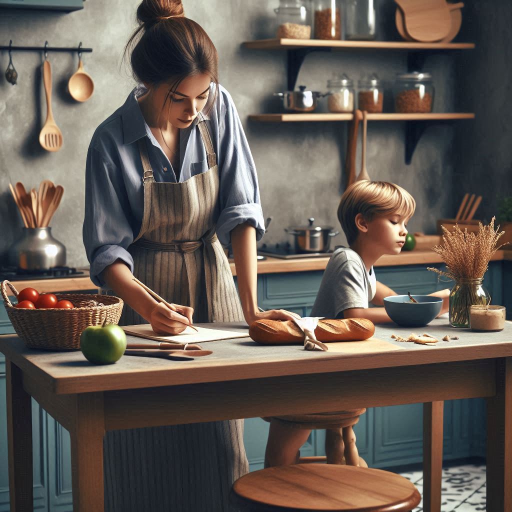 Mom in kitchen while son plays next to her